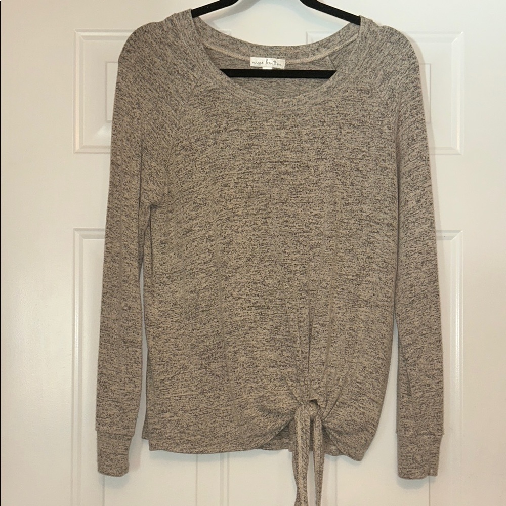 Nine Britton Tie Front Knit Top M LS Taupe SOFT Relaxed Fit Casual Cozy